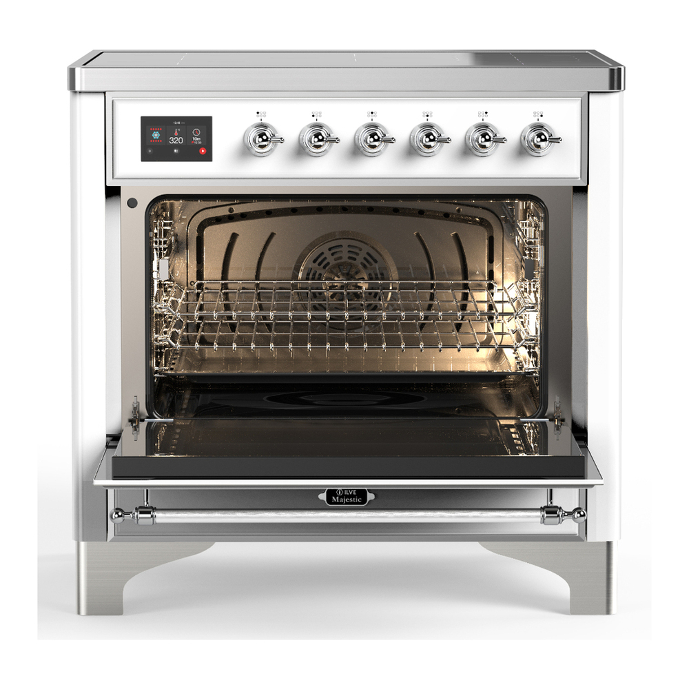 ILVE UMIB36QNR3WHC Majestic III 36 inch Induction Range with 6 Elements, 3.5 cu. ft. Total Oven Capacity (Solid Door, White, Chrome) 2 ILVE-UMIB36QNR3WHC-Open Door View