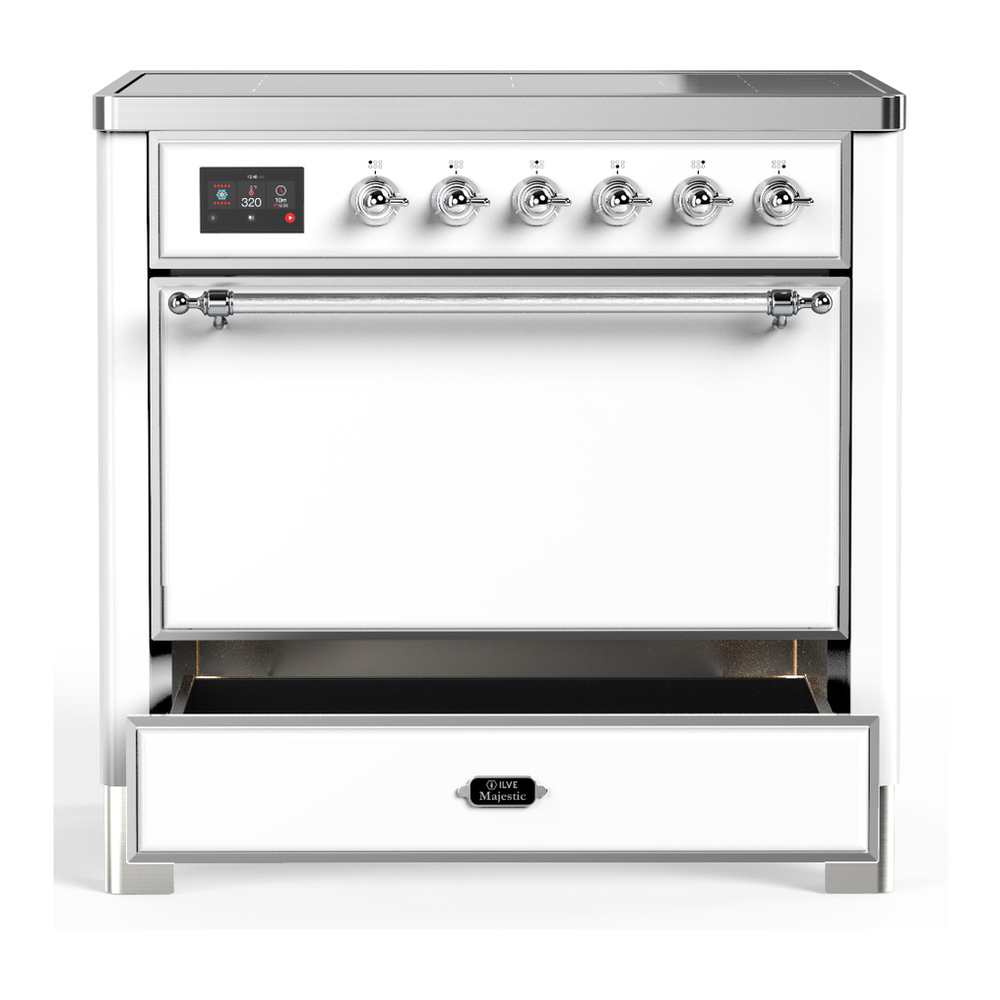 ILVE UMIB36QNR3WHC Majestic III 36 inch Induction Range with 6 Elements, 3.5 cu. ft. Total Oven Capacity (Solid Door, White, Chrome) 3 ILVE-UMIB36QNR3WHC-Drawer Open View