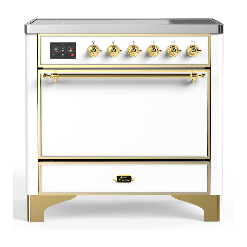 ILVE UMIB36QNR3WHG Majestic III 36 inch Induction Range with 6 Elements, 3.5 cu. ft. Total Oven Capacity (Solid Door, White, Brass) 1 UMIB36QNR3WHG