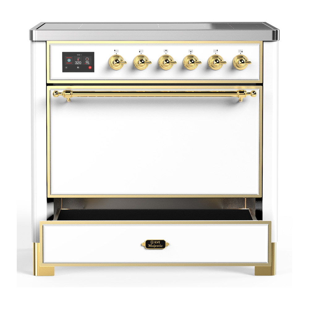ILVE UMIB36QNR3WHG Majestic III 36 inch Induction Range with 6 Elements, 3.5 cu. ft. Total Oven Capacity (Solid Door, White, Brass) 3 ILVE-UMIB36QNR3WHG-Drawer Open View