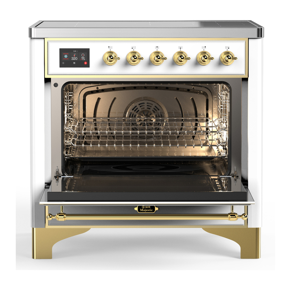 ILVE UMIB36QNR3WHG Majestic III 36 inch Induction Range with 6 Elements, 3.5 cu. ft. Total Oven Capacity (Solid Door, White, Brass) 2 ILVE-UMIB36QNR3WHG-Open Door View