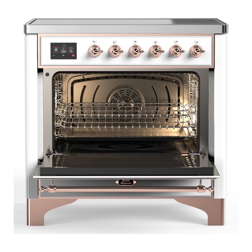 ILVE UMIB36QNR3WHP Majestic III 36 inch Induction Range with 6 Elements, 3.5 cu. ft. Total Oven Capacity (Solid Door, White, Copper) 2 ILVE-UMIB36QNR3WHP-Open Door View