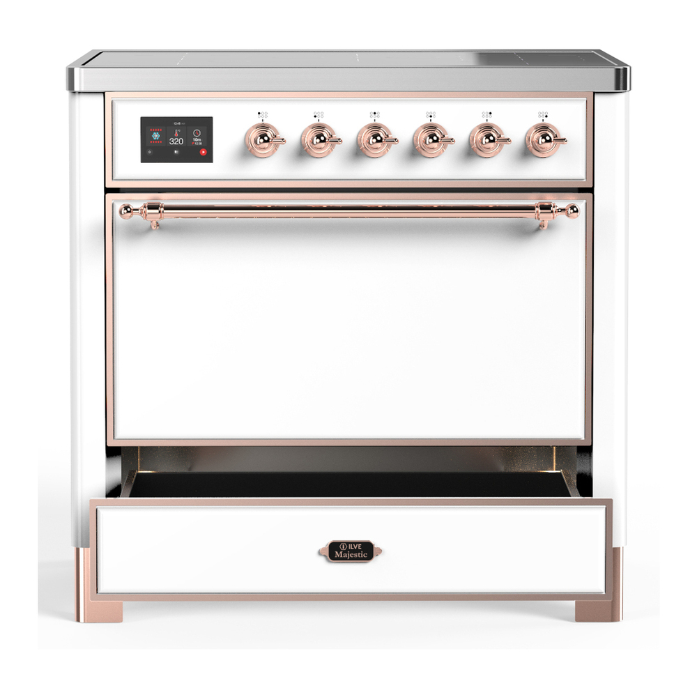 ILVE UMIB36QNR3WHP Majestic III 36 inch Induction Range with 6 Elements, 3.5 cu. ft. Total Oven Capacity (Solid Door, White, Copper) 3 ILVE-UMIB36QNR3WHP-Drawer Open View