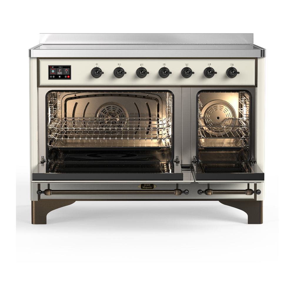 ILVE UMIB48NR3AWB Majestic III 48 inch Induction Range with 6 Elements, 5.02 cu. ft. Total Oven Capacity (Triple Glass Door, Antique White, Burnished) 2 ILVE-UMIB48NR3AWB-Double Oven Open View