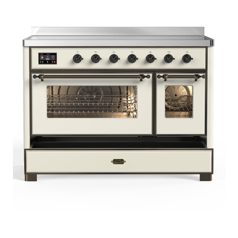 ILVE UMIB48NR3AWB Majestic III 48 inch Induction Range with 6 Elements, 5.02 cu. ft. Total Oven Capacity (Triple Glass Door, Antique White, Burnished) 5 ILVE-UMIB48NR3AWB-Drawer Open View