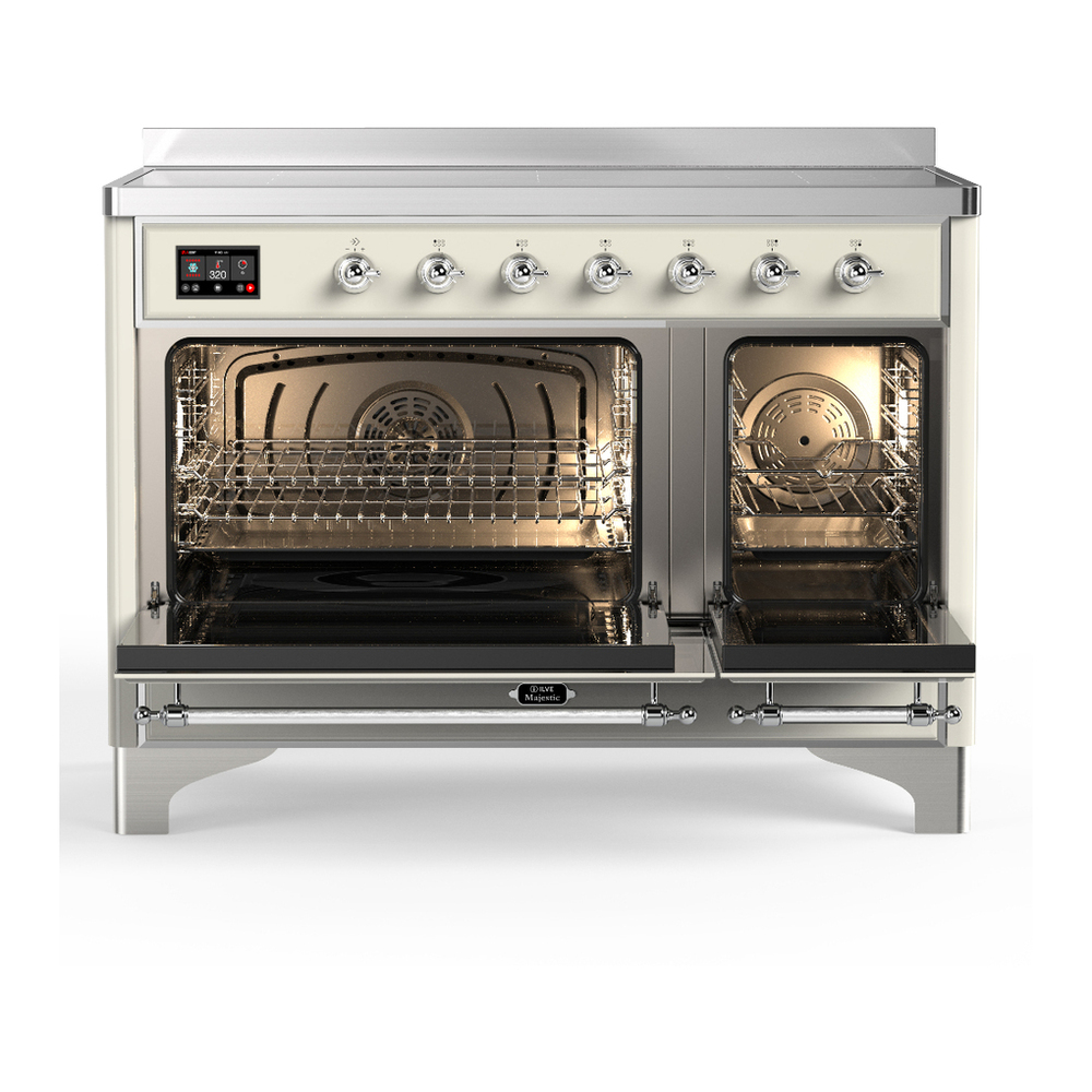 ILVE UMIB48NR3AWC Majestic III 48 inch Induction Range with 6 Elements, 5.02 cu. ft. Total Oven Capacity (Triple Glass Door, Antique White, Chrome) 2 ILVE-UMIB48NR3AWC-Double Oven Open View