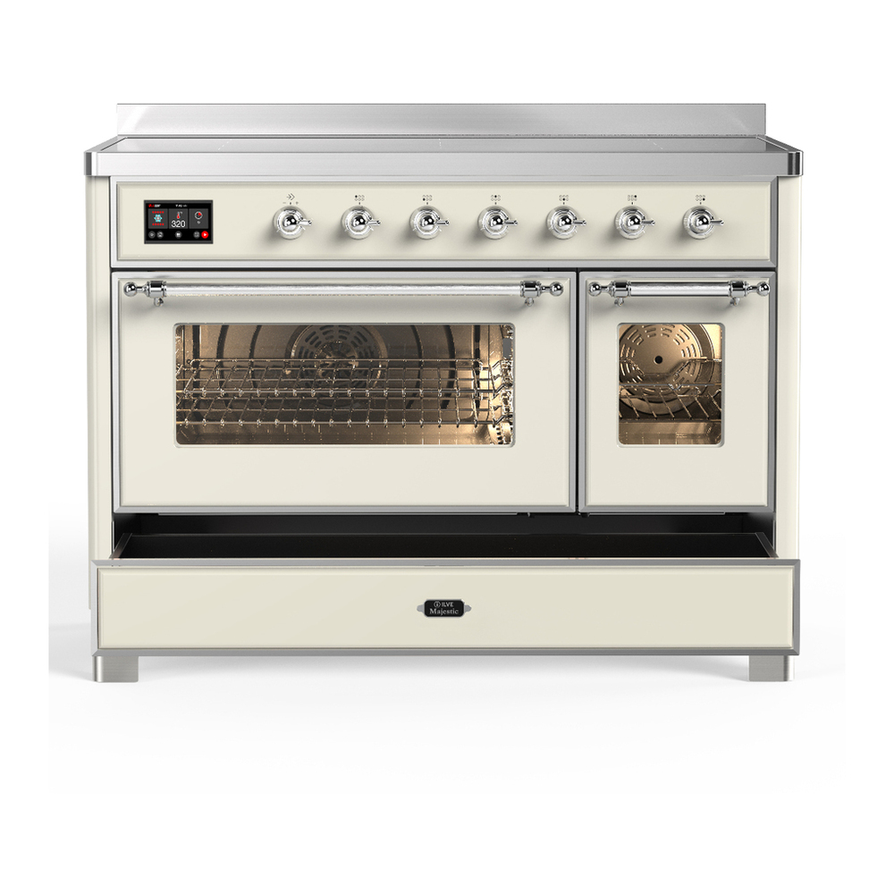 ILVE UMIB48NR3AWC Majestic III 48 inch Induction Range with 6 Elements, 5.02 cu. ft. Total Oven Capacity (Triple Glass Door, Antique White, Chrome) 5 ILVE-UMIB48NR3AWC-Drawer Open View
