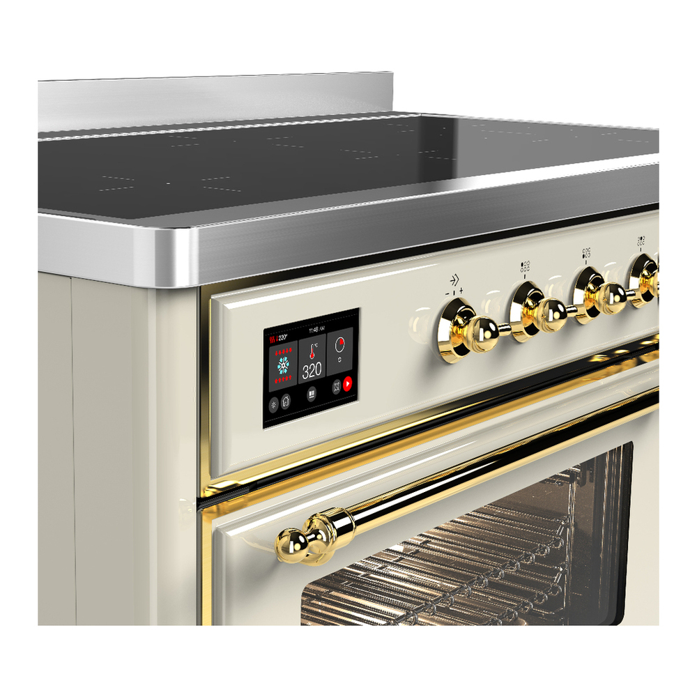 ILVE UMIB48NR3AWG Majestic III 48 inch Induction Range with 6 Elements, 5.02 cu. ft. Total Oven Capacity (Triple Glass Door, Antique White, Brass) 7 ILVE-UMIB48NR3AWG-Control Knobs View