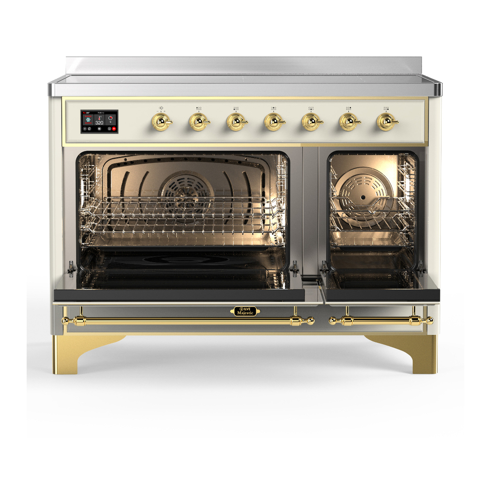 ILVE UMIB48NR3AWG Majestic III 48 inch Induction Range with 6 Elements, 5.02 cu. ft. Total Oven Capacity (Triple Glass Door, Antique White, Brass) 2 ILVE-UMIB48NR3AWG-Double Oven Open View