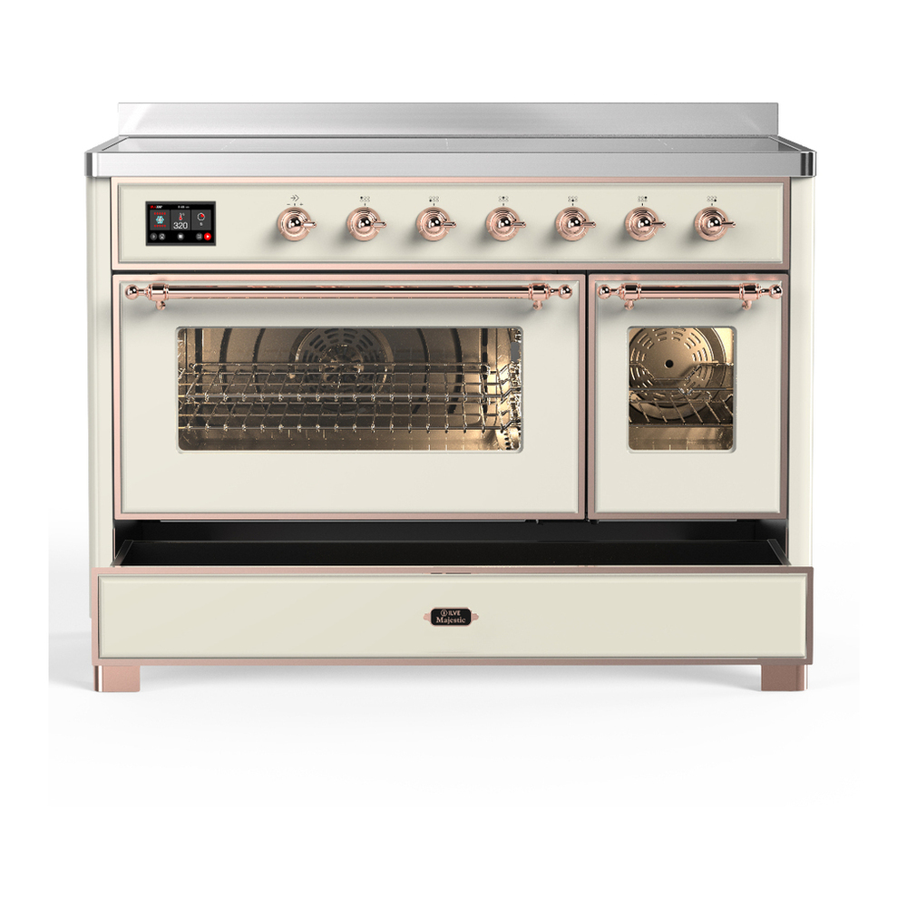 ILVE UMIB48NR3AWP Majestic III 48 inch Induction Range with 6 Elements, 5.02 cu. ft. Total Oven Capacity (Triple Glass Door, Antique White, Copper) 5 ILVE-UMIB48NR3AWP-Drawer Open View