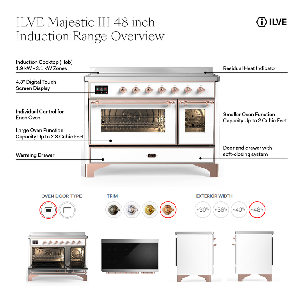 ILVE UMIB48QNR3SSB Majestic III 48 inch Induction Range with 6 Elements, 5.02 cu. ft. Total Oven Capacity (Solid Door, Stainless Steel, Burnished) 2 ILVE UMIB48N Majestic III 48 inch Induction Range with 6 Elements, 5.02 cu. ft. Total Oven Capacity