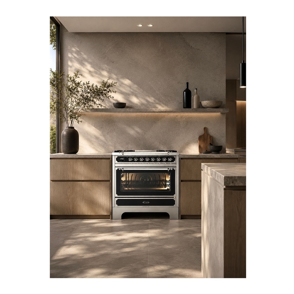 ILVE UN361FWMPMGC Decor 36 Inch Dual Fuel Range with 4 Gas Burners and Griddle, Dual Ring Burner up to 25,000 BTU, 4 cu. ft. Multi-Function Electric Oven (Graphite Matte) 2 ILVE UN361FWMPMGC lifestyle