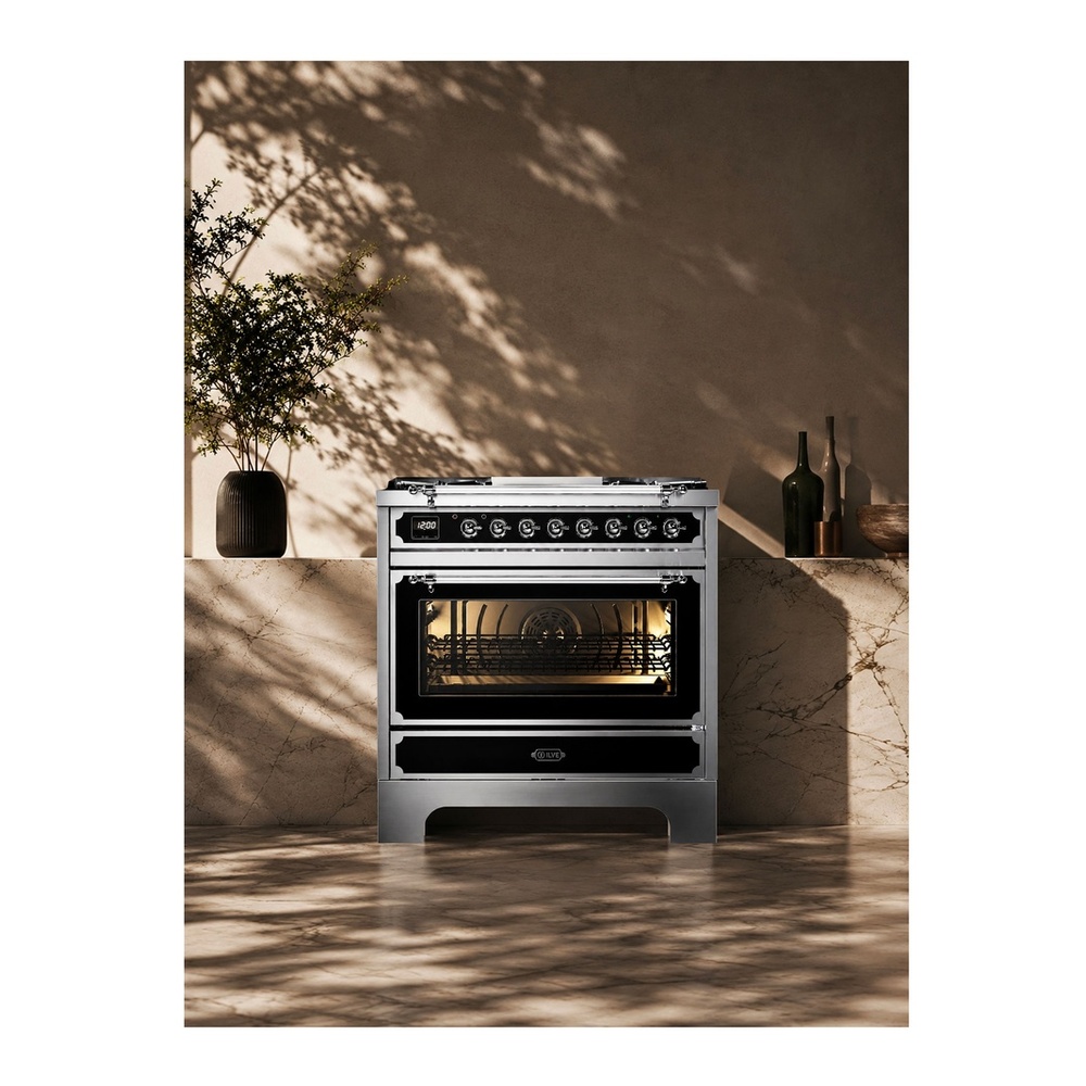 ILVE UN361FWMPMGC Decor 36 Inch Dual Fuel Range with 4 Gas Burners and Griddle, Dual Ring Burner up to 25,000 BTU, 4 cu. ft. Multi-Function Electric Oven (Graphite Matte) 3 ILVE UN361FWMPMGC lifestyle