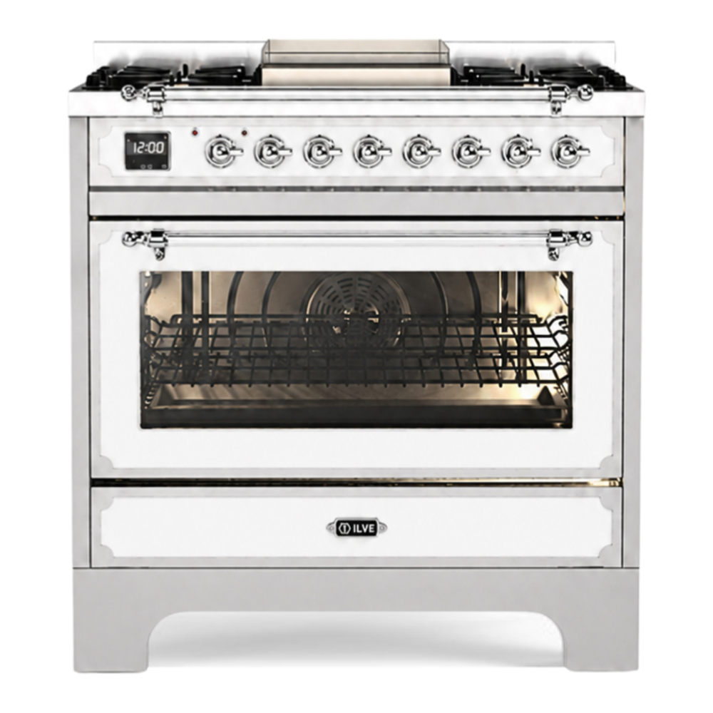 ILVE UN361FWMPWHC Decor 36 Inch Dual Fuel Range with 4 Gas Burners and Griddle, Dual Ring Burner up to 25,000 BTU, 4 cu. ft. Multi-Function Electric Oven (White) 1 UN361FWMPWHC