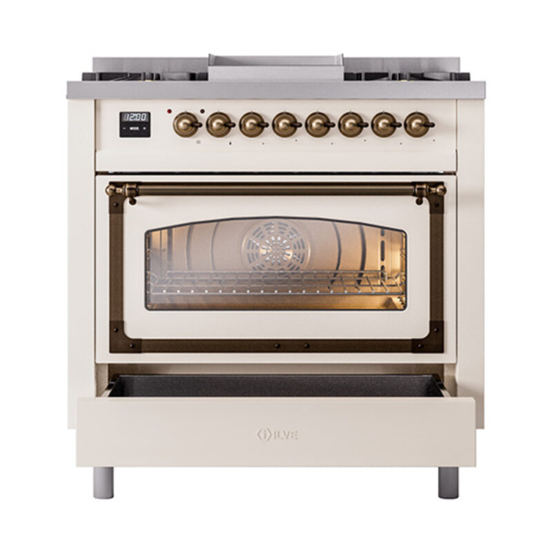 ILVE_UN36FNMPAWBLP_Nostalgie_II_30"_Dual_Fuel_Range_drawer_opened