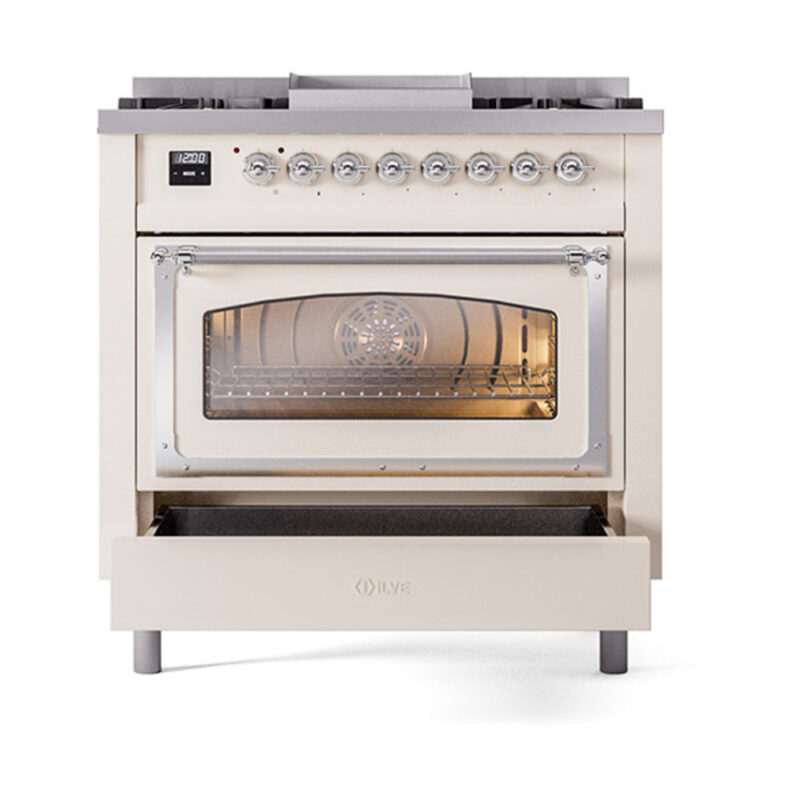 ILVE_UN36FNMPAWC_Nostalgie_II_30"_Dual_Fuel_Range_drawer_opened