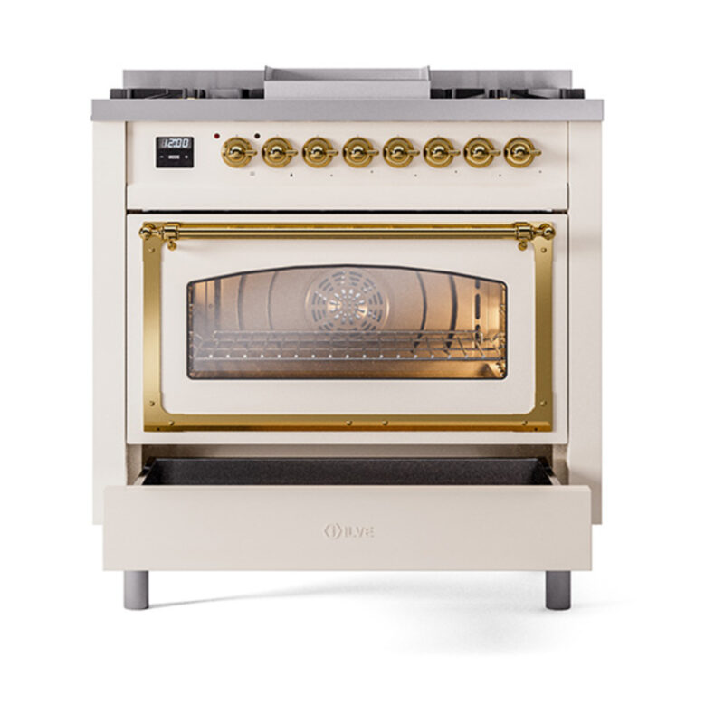ILVE_UN36FNMPAWGLP_Nostalgie_II_30"_Dual_Fuel_Range_drawer_opened