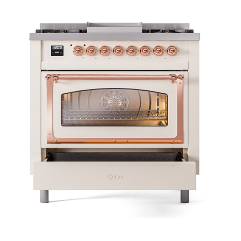 ILVE_UN36FNMPAWPLP_Nostalgie_II_30"_Dual_Fuel_Range_drawer_opened