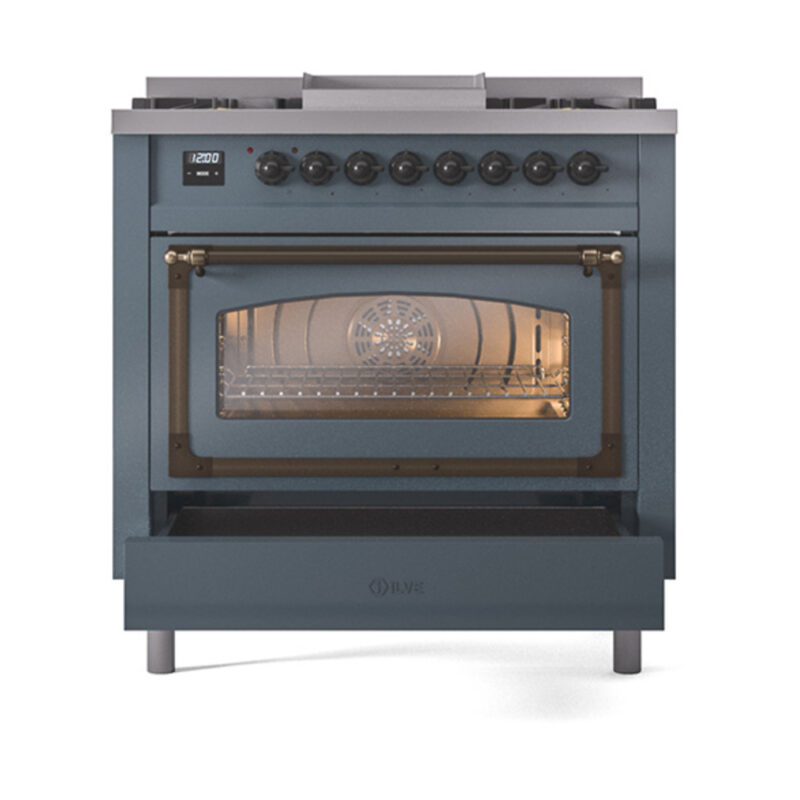 ILVE_UN36FNMPBGBLP_Nostalgie_II_30"_Dual_Fuel_Range_drawer_opened