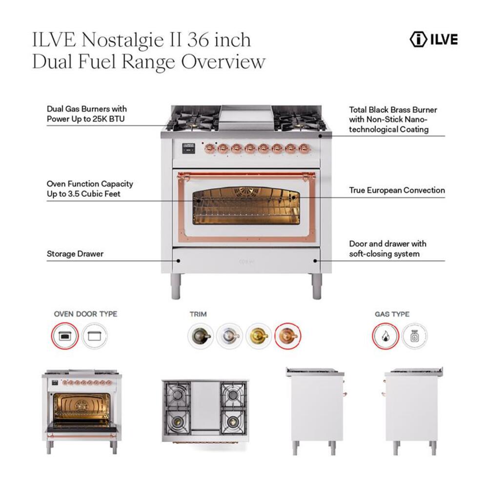 ILVE UN36FNM Nostalgie II Noblesse 36 inch Dual Fuel Range with 6 Burners and Griddle