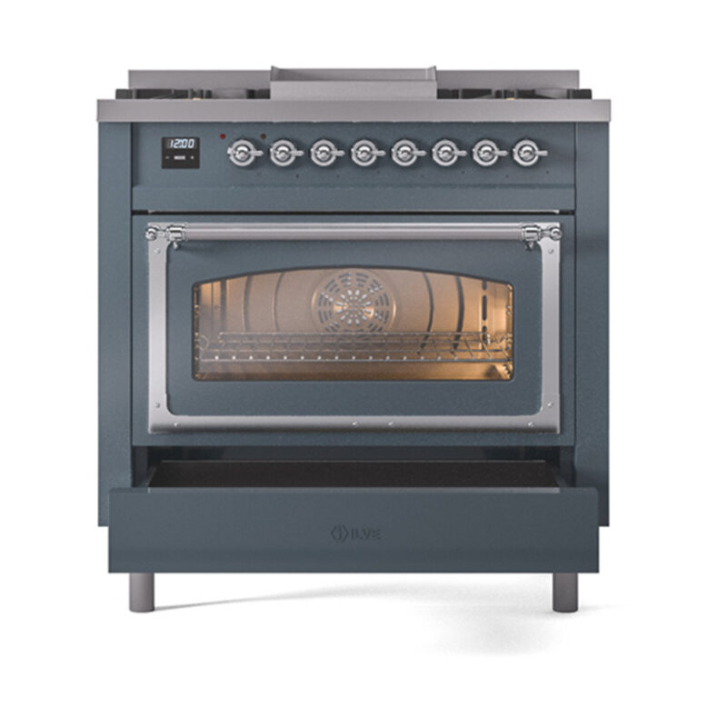 ILVE_UN36FNMPBGCLP_Nostalgie_II_30"_Dual_Fuel_Range_drawer_opened
