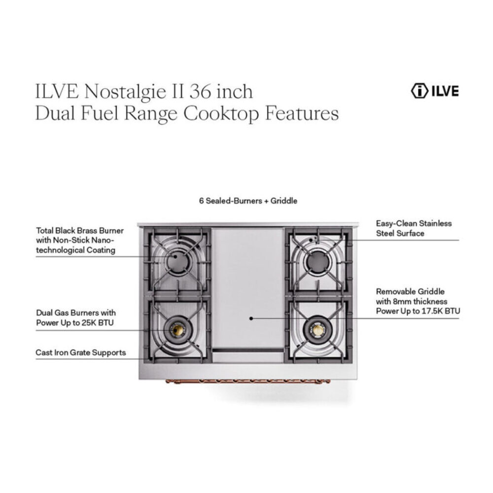 ILVE UN36FNM Nostalgie II Noblesse 36 inch Dual Fuel Range with 6 Burners and Griddle