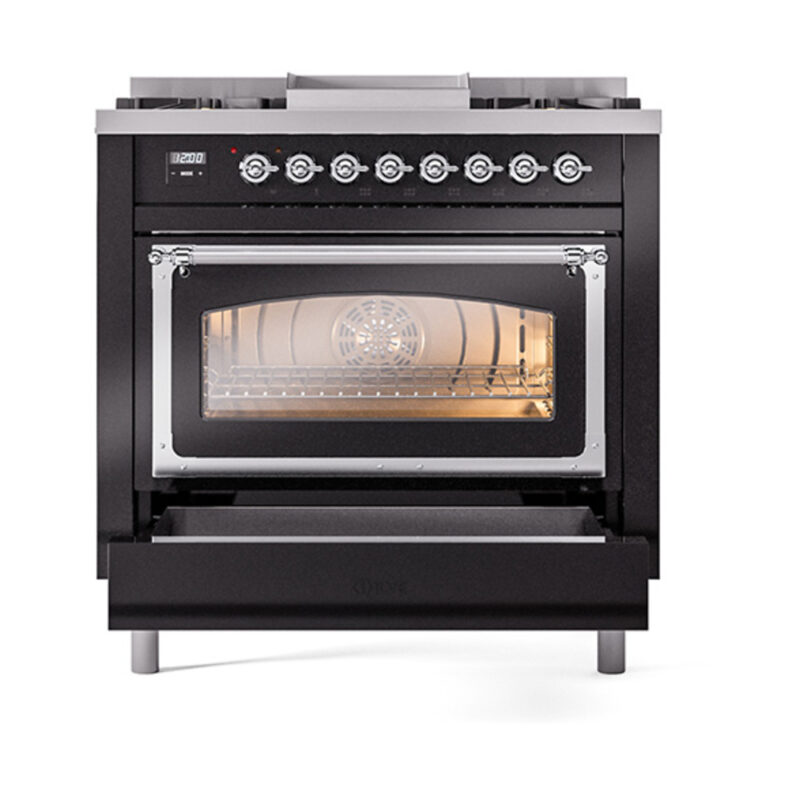 ILVE_UN36FNMPBKC_Nostalgie_II_30"_Dual_Fuel_Range_drawer_opened