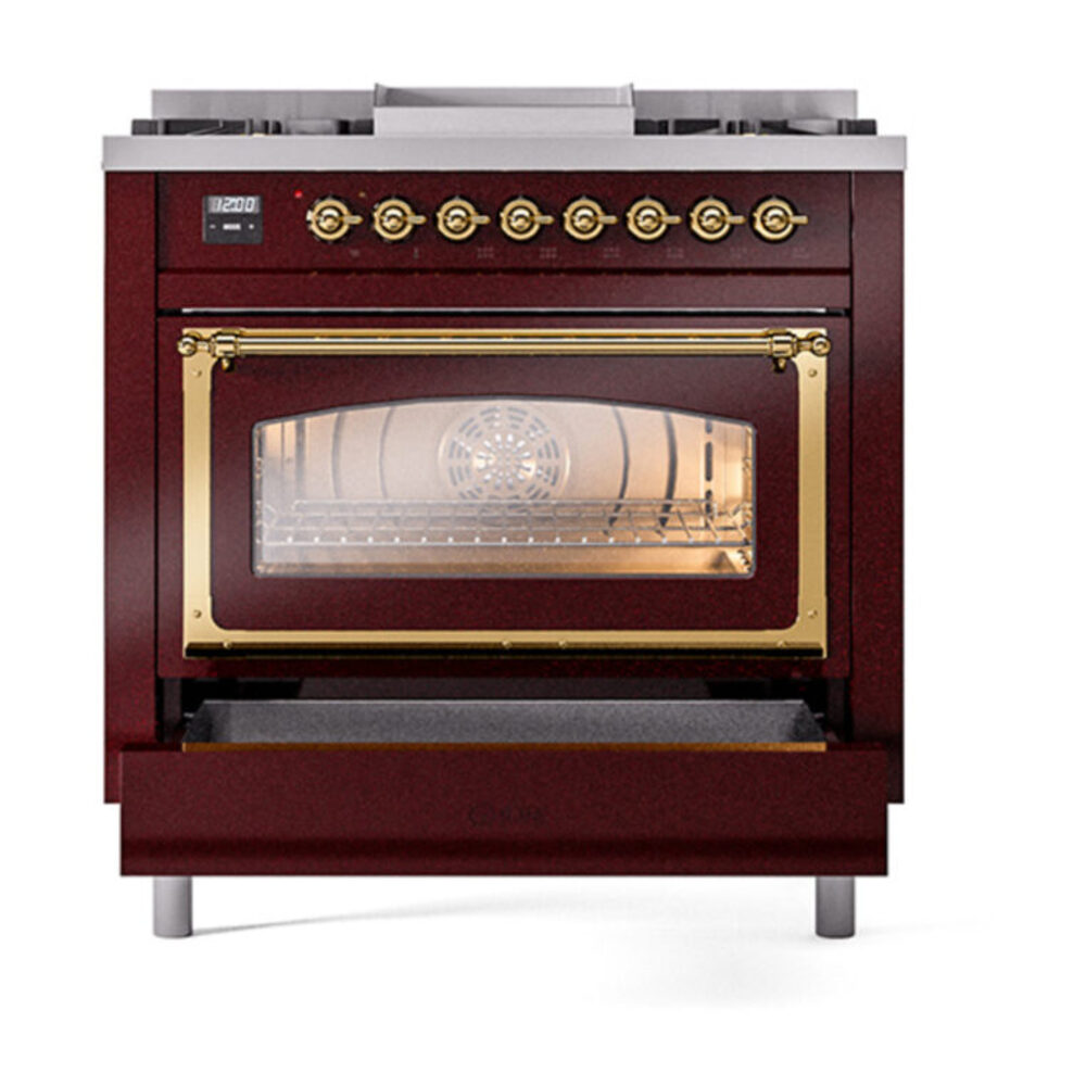 ILVE_UN36FNMPBUGLP_Nostalgie_II_30"_Dual_Fuel_Range_drawer_opened
