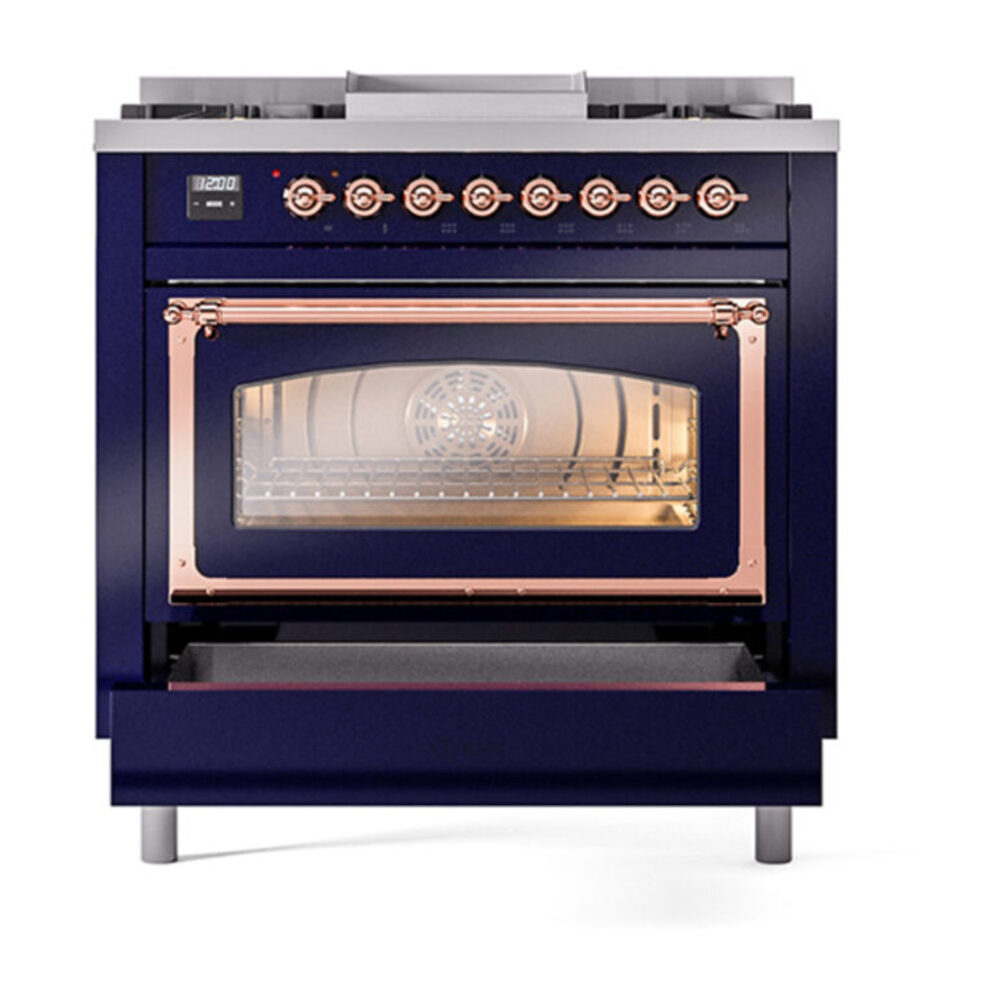 ILVE_UN36FNMPMBPLP_Nostalgie_II_30"_Dual_Fuel_Range_drawer_opened