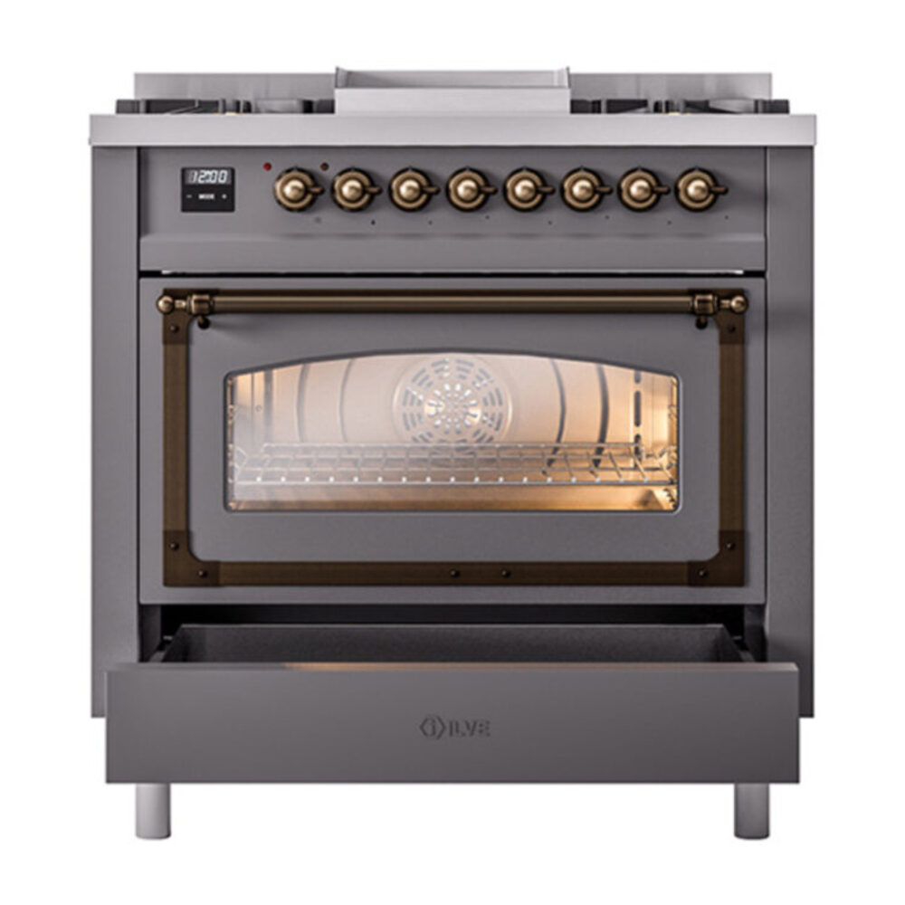 ILVE_UN36FNMPMGB_Nostalgie_II_30"_Dual_Fuel_Range_drawer_opened
