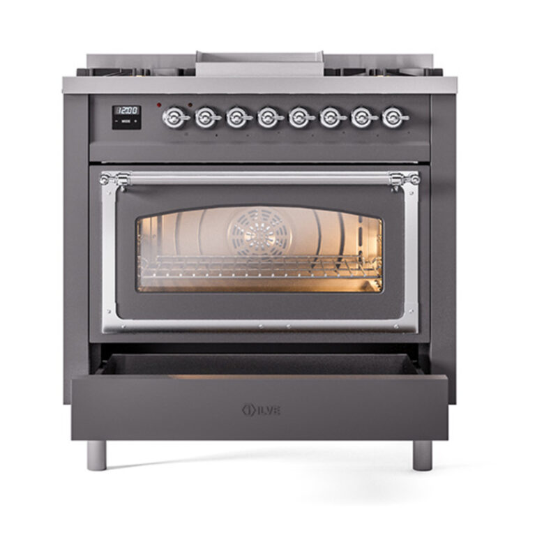 ILVE_UN36FNMPMGCLP_Nostalgie_II_30"_Dual_Fuel_Range_drawer_opened