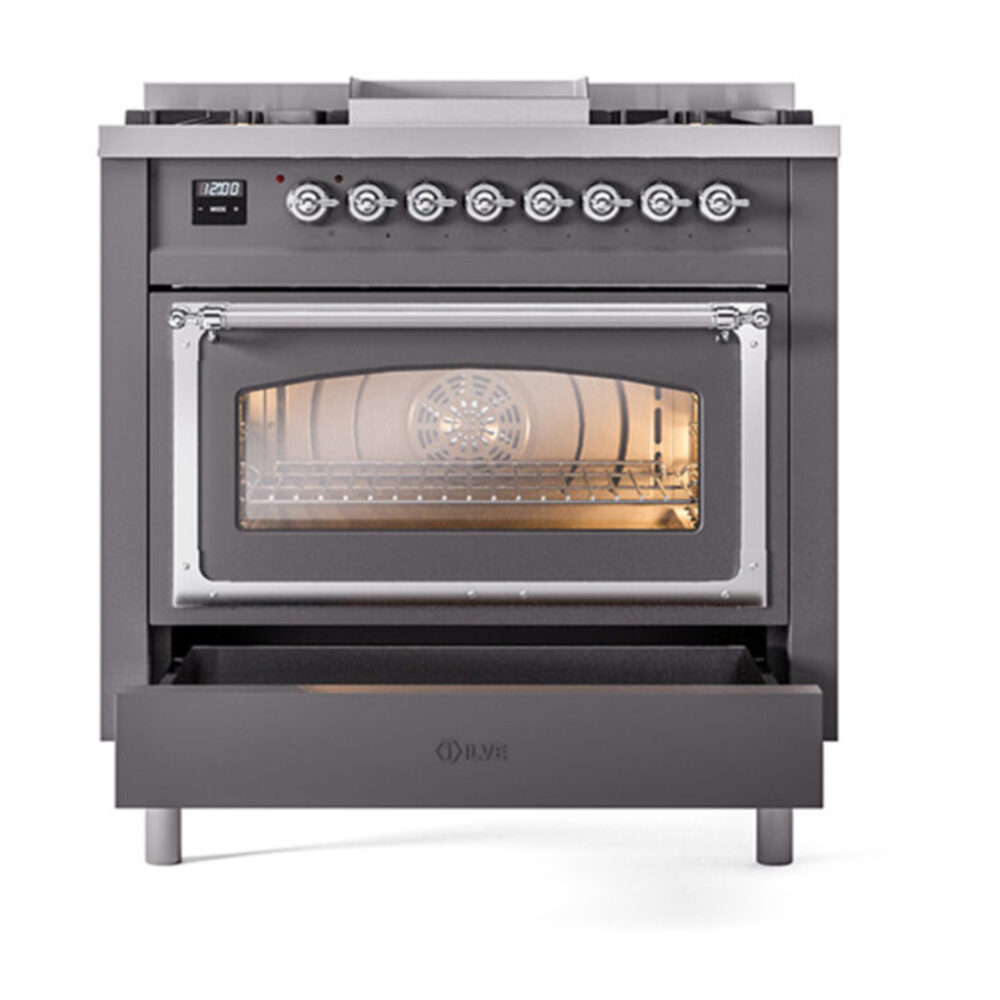 ILVE_UN36FNMPMGC_Nostalgie_II_30"_Dual_Fuel_Range_drawer_opened