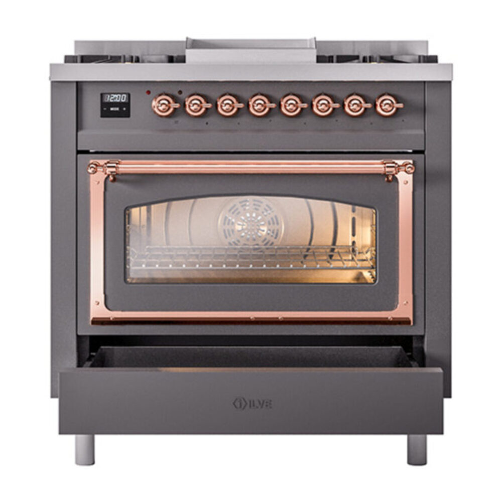 ILVE_UN36FNMPMGPLP_Nostalgie_II_30"_Dual_Fuel_Range_drawer_opened