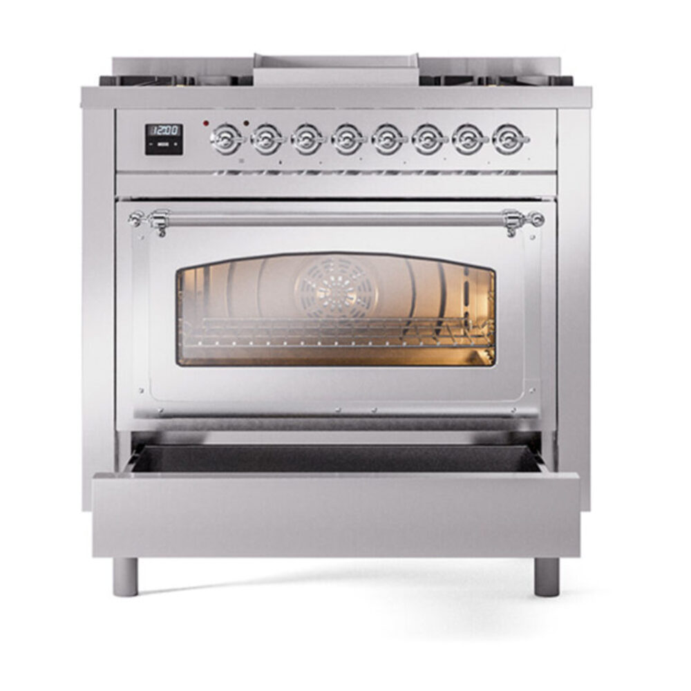 ILVE_UN36FNMPSSCLP_Nostalgie_II_30"_Dual_Fuel_Range_drawer_opened