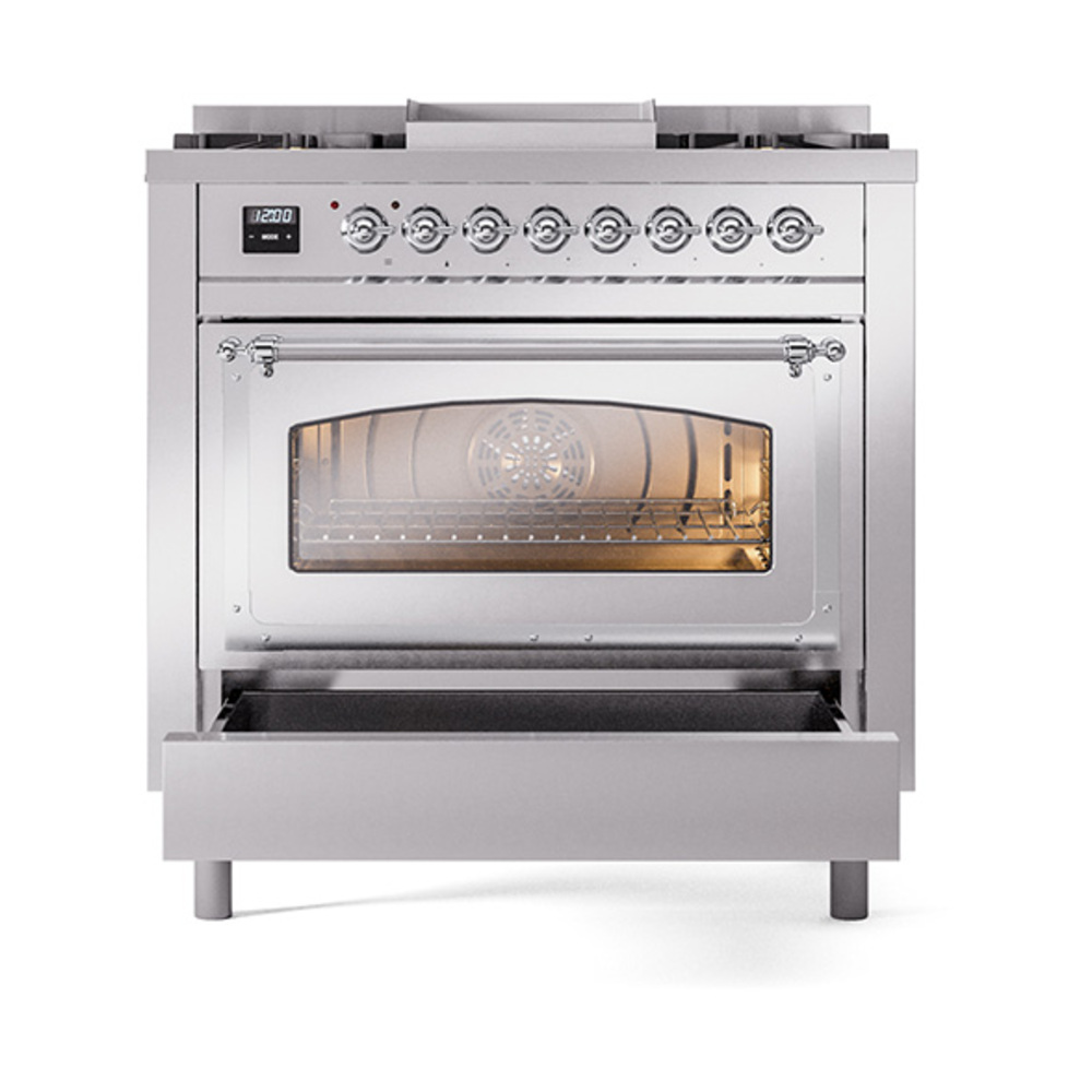 ILVE_UN36FNMPSSCLP_Nostalgie_II_30"_Dual_Fuel_Range_drawer_opened