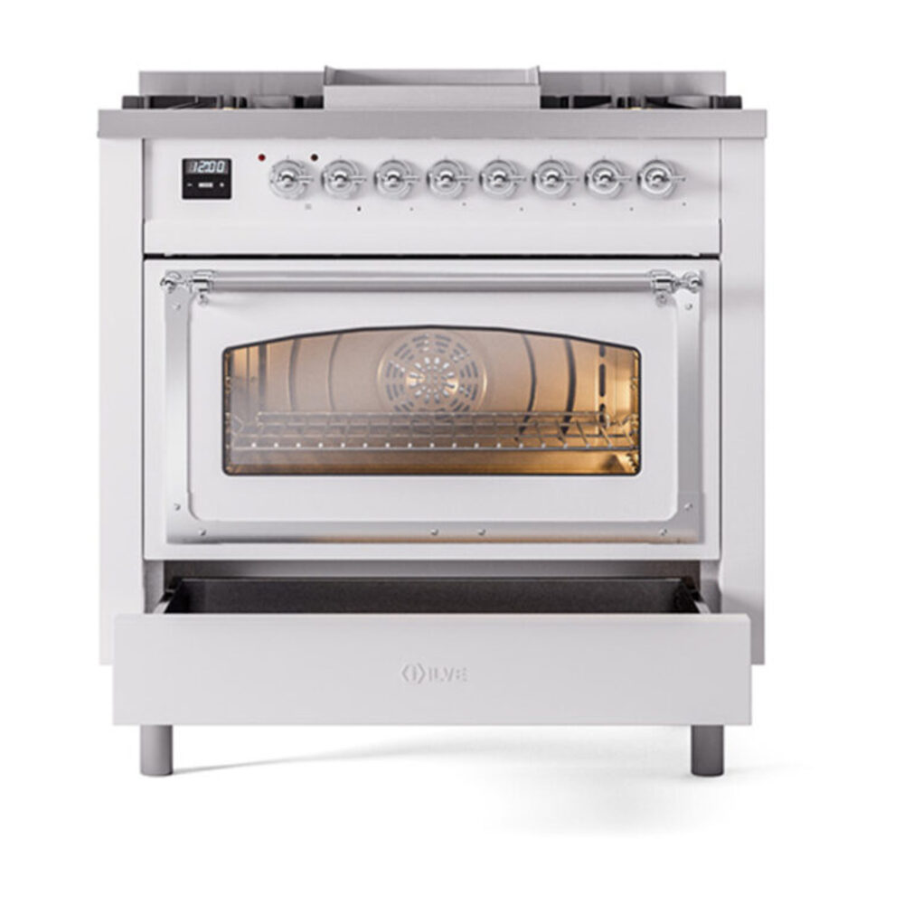 ILVE_UN36FNMPWHCLP_Nostalgie_II_30"_Dual_Fuel_Range_drawer_opened