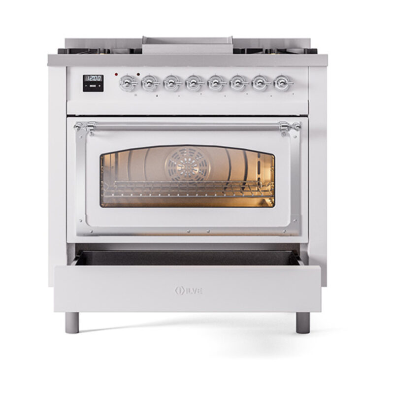 ILVE_UN36FNMPWHC_Nostalgie_II_30"_Dual_Fuel_Range_drawer_opened