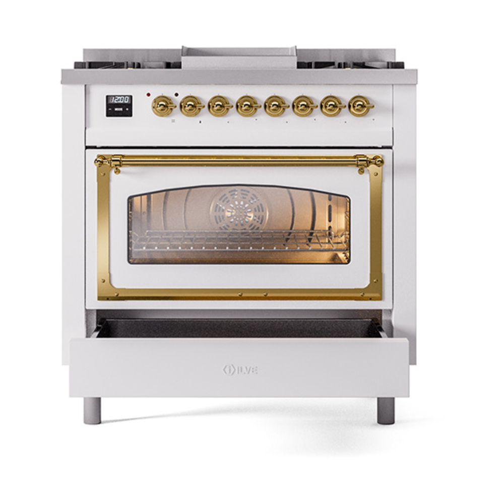 ILVE_UN36FNMPWHG_Nostalgie_II_30"_Dual_Fuel_Range_drawer_opened