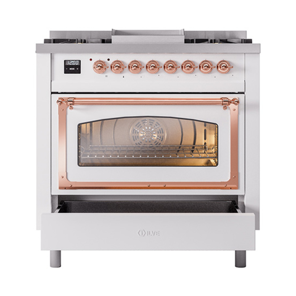 ILVE_UN36FNMPWHPLP_Nostalgie_II_30"_Dual_Fuel_Range_drawer_opened