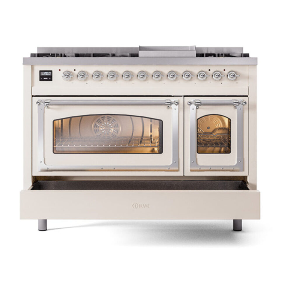 ILVE_UN48FNMPAWCLP_Nostalgie_II_48"_Dual_Fuel_Range_drawer_opened