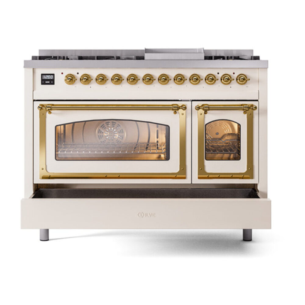 ILVE_UN48FNMPAWG_Nostalgie_II_48"_Dual_Fuel_Range_drawer_opened