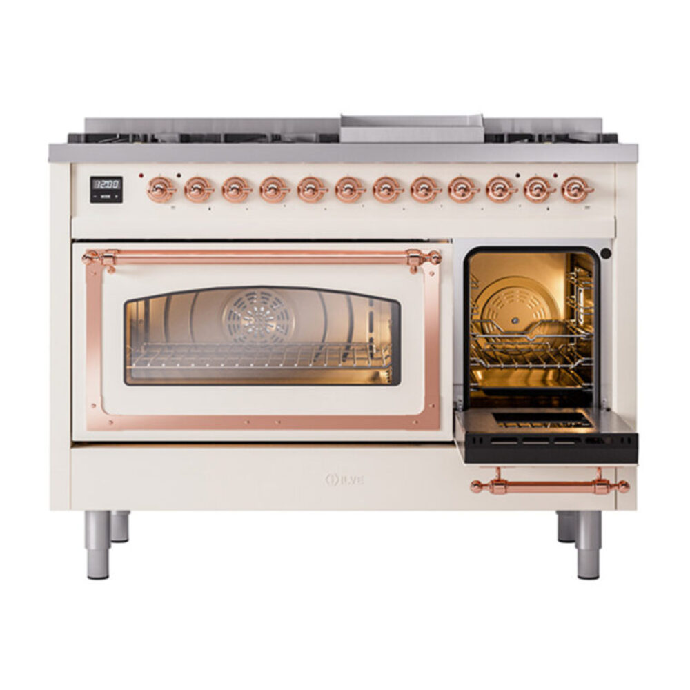 ILVE_UN48FNMPAWPLP_Nostalgie_II_48"_Dual_Fuel_Range_side_oven_door_opened