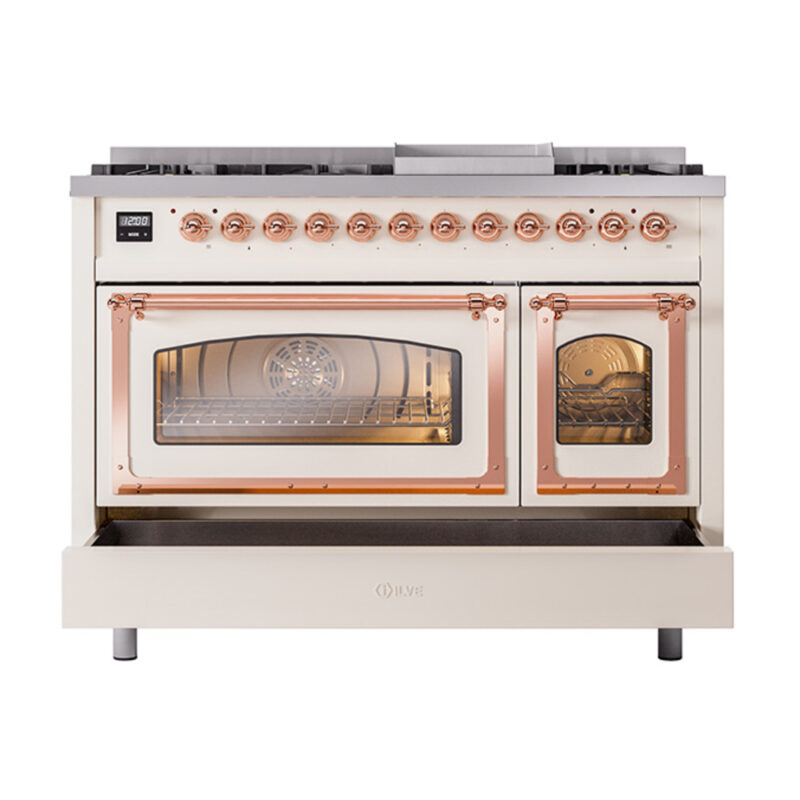 ILVE_UN48FNMPAWPLP_Nostalgie_II_48"_Dual_Fuel_Range_drawer_opened