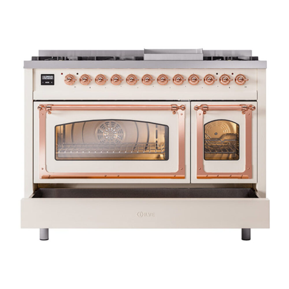 ILVE_UN48FNMPAWP_Nostalgie_II_48"_Dual_Fuel_Range_drawer_opened