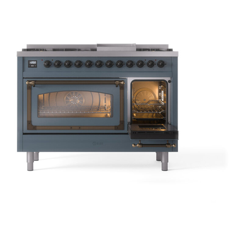 ILVE_UN48FNMPBGBLP_Nostalgie_II_48"_Dual_Fuel_Range_side_oven_door_opened