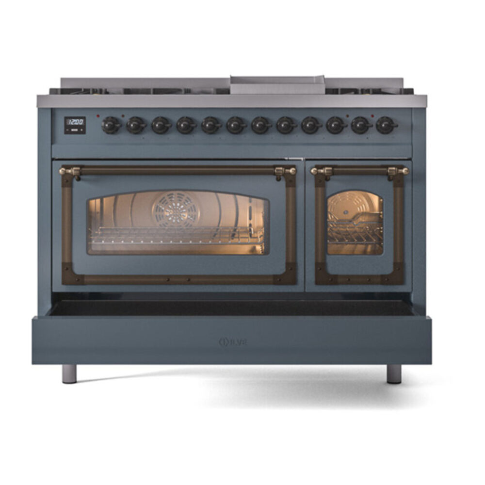 ILVE_UN48FNMPBGB_Nostalgie_II_48"_Dual_Fuel_Range_drawer_opened