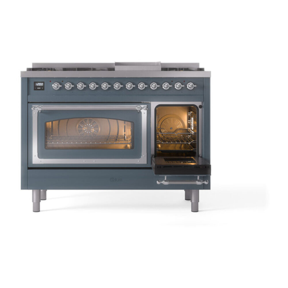 ILVE_UN48FNMPBGC_Nostalgie_II_48"_Dual_Fuel_Range_side_oven_door_opened