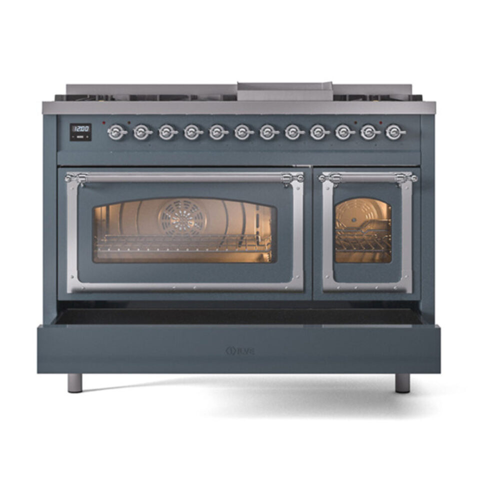 ILVE_UN48FNMPBGC_Nostalgie_II_48"_Dual_Fuel_Range_drawer_opened