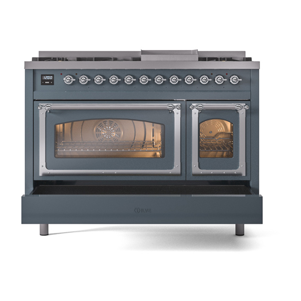 ILVE_UN48FNMPBGC_Nostalgie_II_48"_Dual_Fuel_Range_drawer_opened