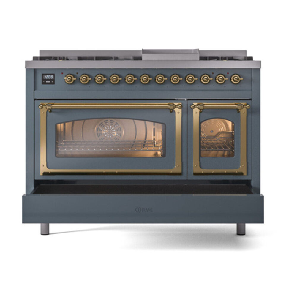ILVE_UN48FNMPBGGLP_Nostalgie_II_48"_Dual_Fuel_Range_drawer_opened